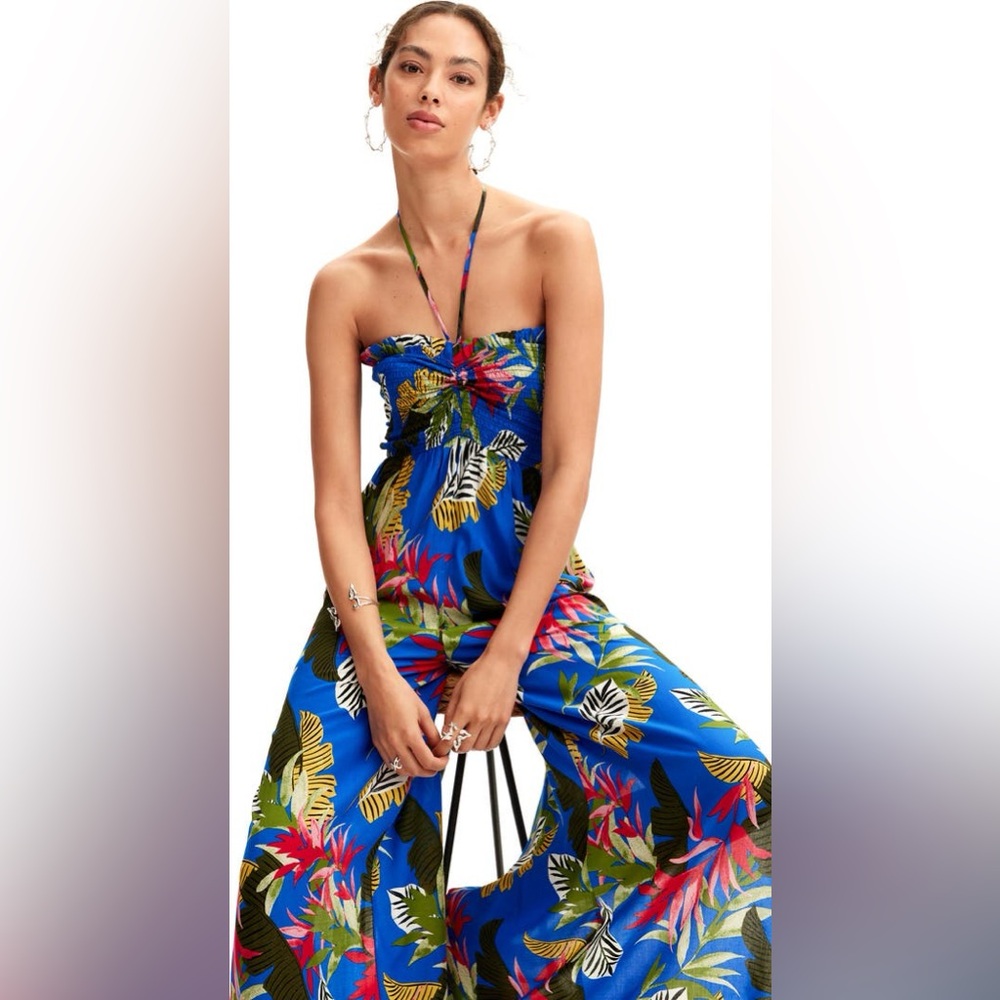 Desigual Blue Tropical Strapless Jumpsuit